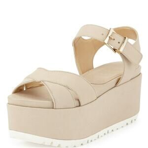 Stuart Weitzman Crosspath Platform Sandals Leather Flatform Criss Cross Cream